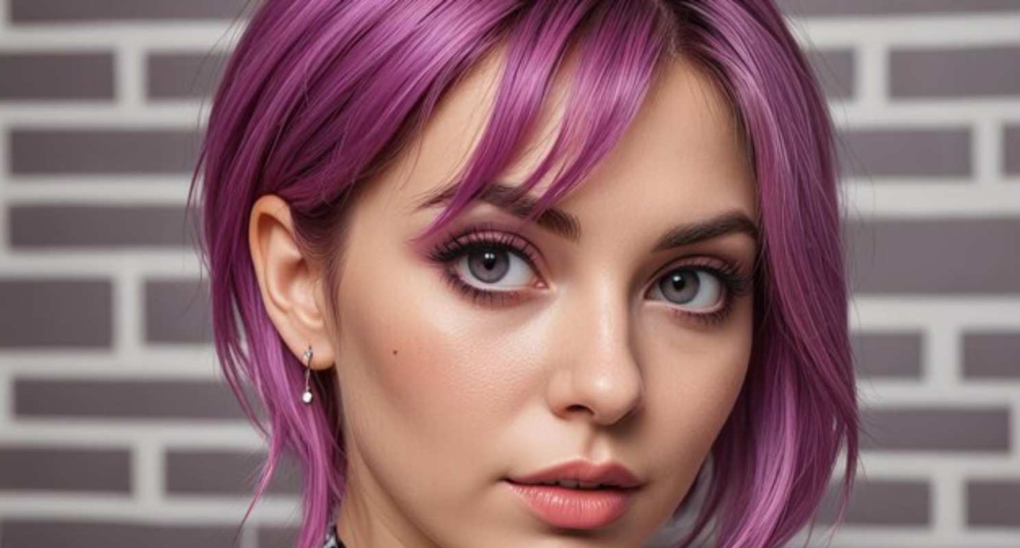 Purple-pink Highlights On Angled Bob Hair