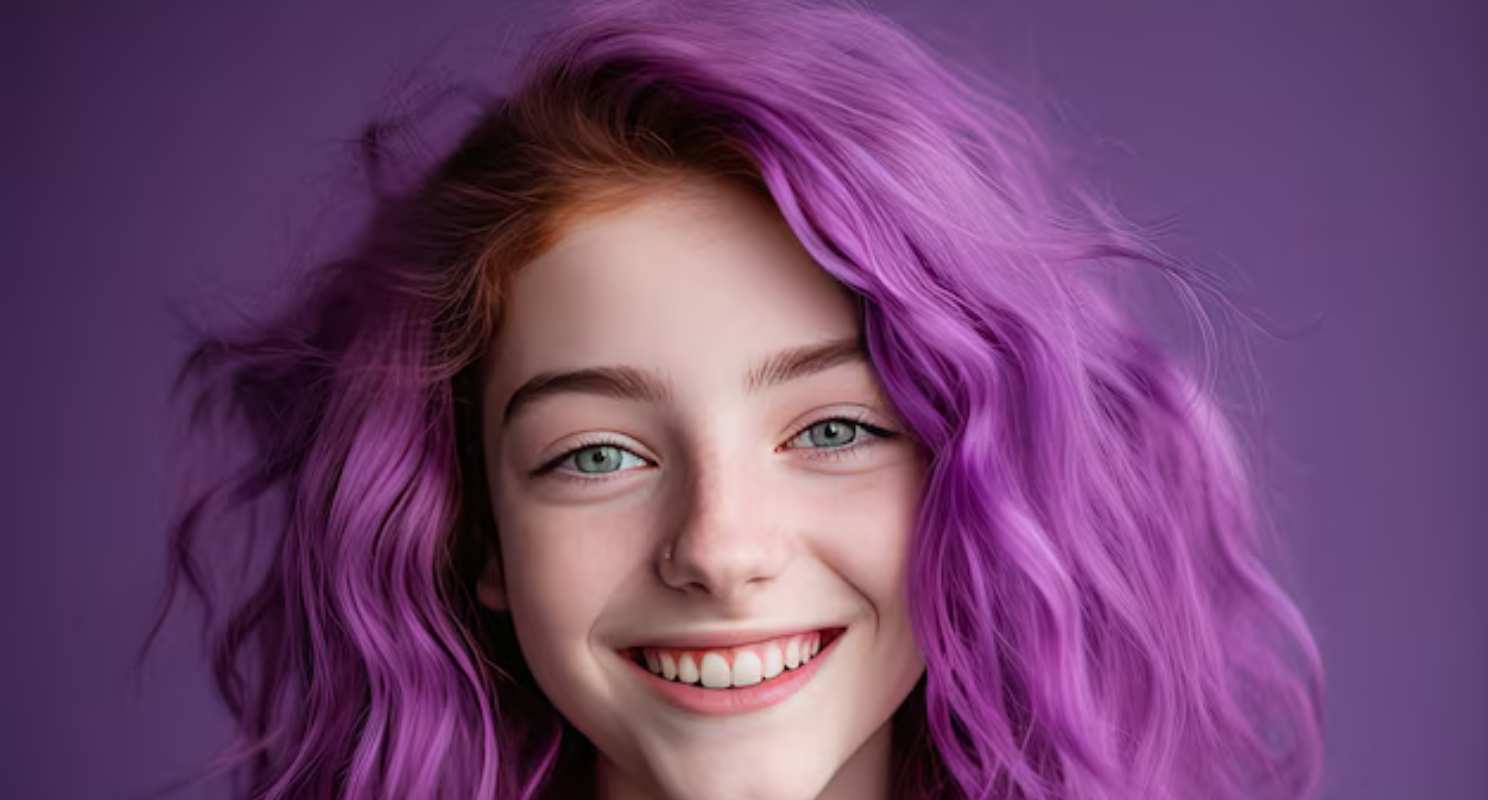 Virgin Purple Highlights On Wavy Bob Hair